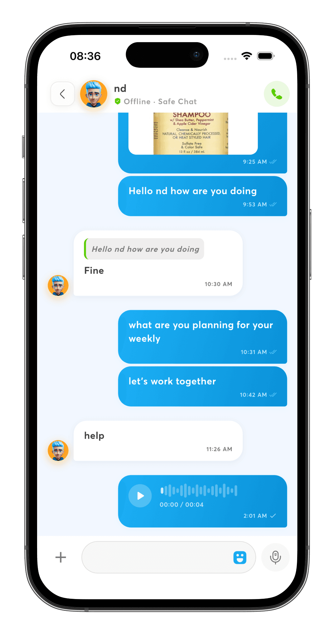 A TaiChat conversation showing safe chat, voice notes and a cartoon avatar